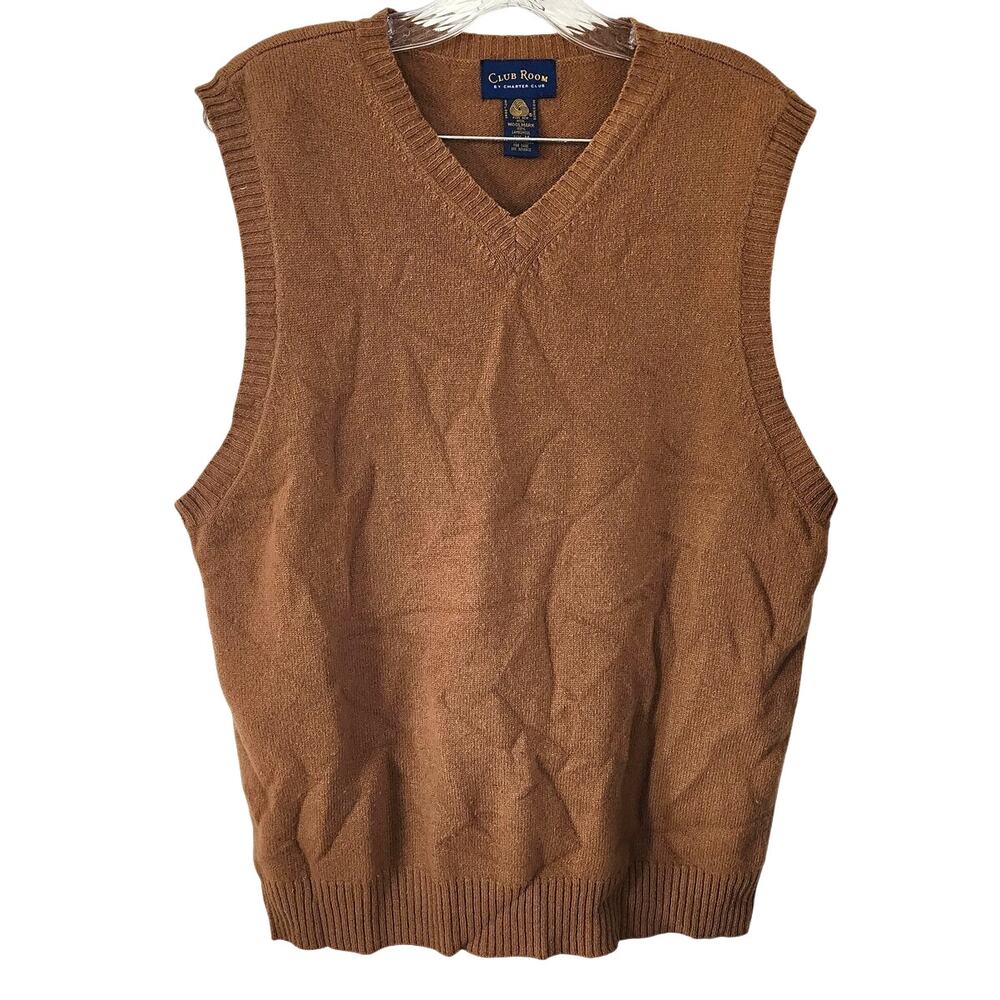 Charter Club Lamb's Wool Men's Sweater Preppy V-Neck Vest Tan Size Medium